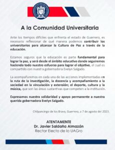 Comunicado de la UAGro a favor de la gobernadora Evelyn Salgado Pineda