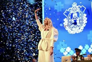 Patricia Lobeira Rodríguez durante su IV Informe de Resultados en Veracruz.