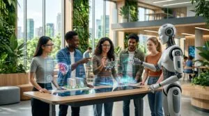 Estudiantes colaboran con un robot impulsado por inteligencia artificial en un aula tecnológica con realidad aumentada, representando la educación del futuro para ciudades inteligentes.