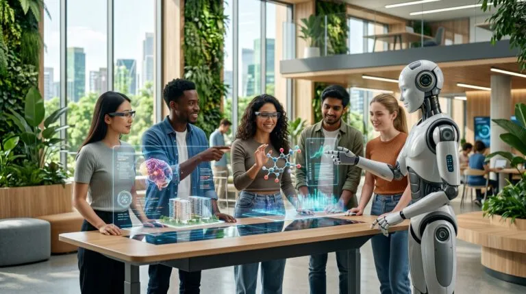 Estudiantes colaboran con un robot impulsado por inteligencia artificial en un aula tecnológica con realidad aumentada, representando la educación del futuro para ciudades inteligentes.