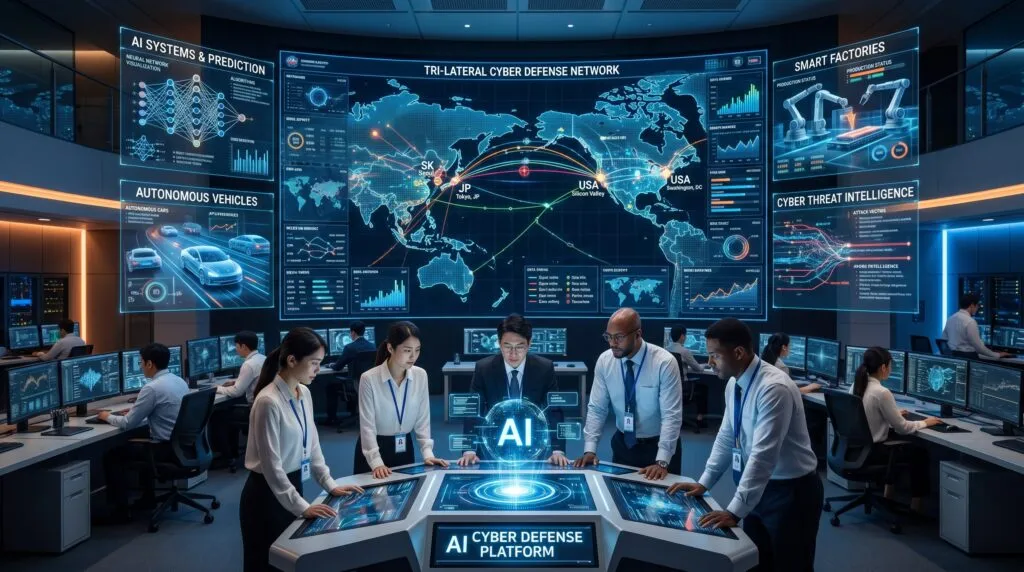 Centro de operaciones de ciberseguridad con inteligencia artificial que conecta a empresas de Corea del Sur, Estados Unidos y Japón para proteger infraestructuras digitales, vehículos autónomos y fábricas inteligentes.