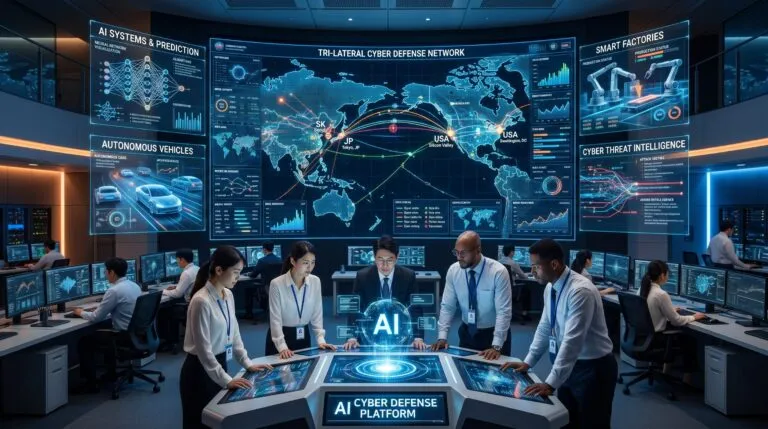 Centro de operaciones de ciberseguridad con inteligencia artificial que conecta a empresas de Corea del Sur, Estados Unidos y Japón para proteger infraestructuras digitales, vehículos autónomos y fábricas inteligentes.