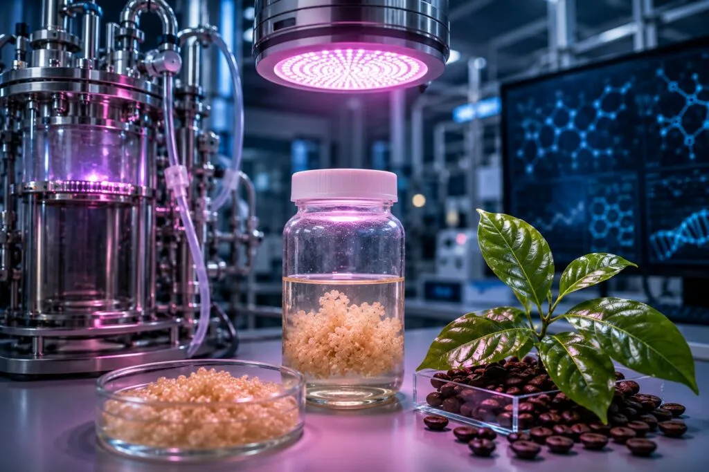 Laboratorio de biotecnología con biorreactores, cultivo celular de café y sistema de iluminación controlada utilizado para investigar nuevas formas de producción sostenible.