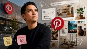 Representación editorial del fundador de Pinterest junto a una interfaz visual que muestra la evolución de la plataforma como referente de inspiración y organización de ideas digitales.