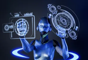Representación conceptual de Inteligencia Artificial Agencial descrita por Seguritech Privada y aplicada a seguridad inteligente, monitoreo autónomo y análisis predictivo.