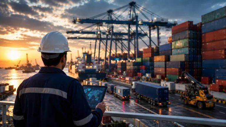 Puerto de carga con contenedores, buques y operaciones logísticas que representan el crecimiento de las exportaciones y el comercio internacional de Guanajuato.