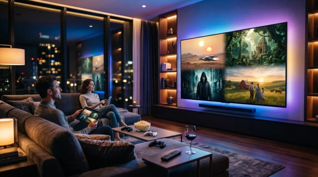 Sala de entretenimiento moderna con una televisión de gran formato que muestra distintos géneros de series y películas, representando la evolución del streaming y el consumo digital.