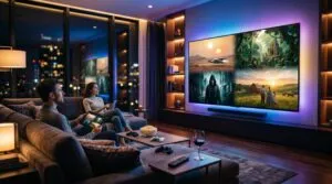 Sala de entretenimiento moderna con una televisión de gran formato que muestra distintos géneros de series y películas, representando la evolución del streaming y el consumo digital.