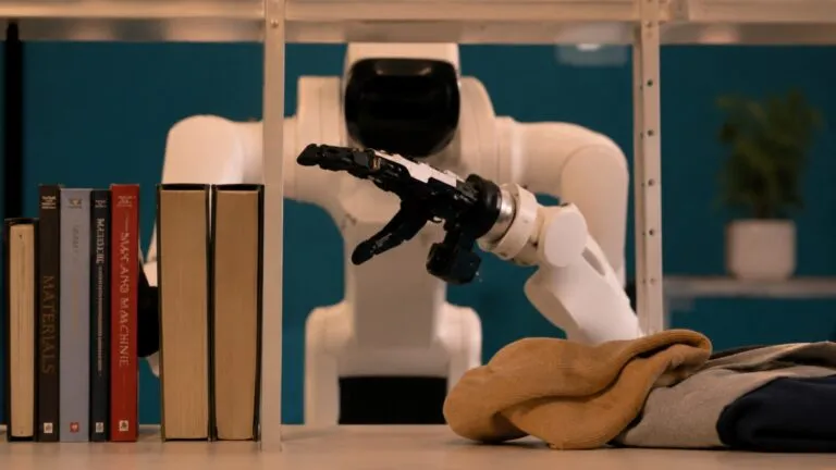 Robot humanoide con robótica con IA realizando tareas complejas mediante control corporal completo y automatización inteligente.