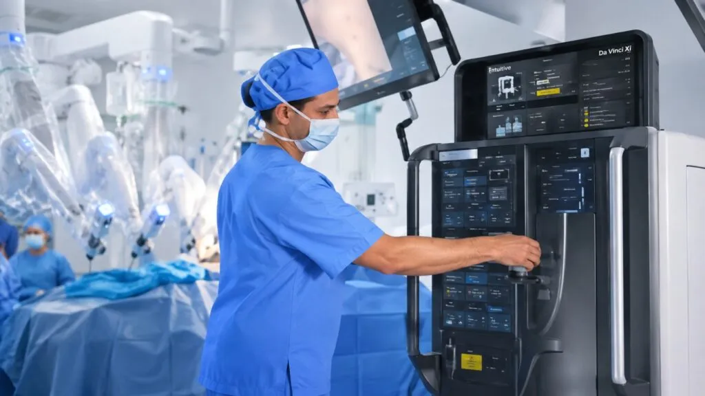 Cirugía robótica con inteligencia artificial dentro de un quirófano médico moderno preparado para intervenciones de alta precisión.