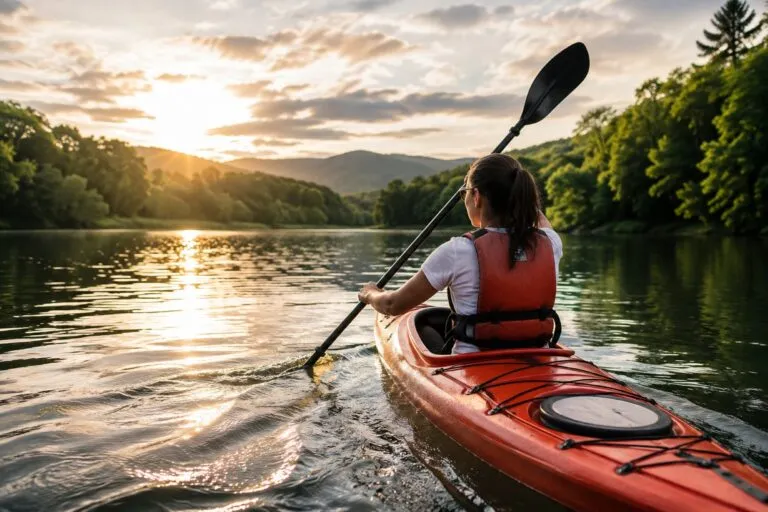 Deportista practica canotaje en un río rodeado de naturaleza para promover el cuidado ambiental.