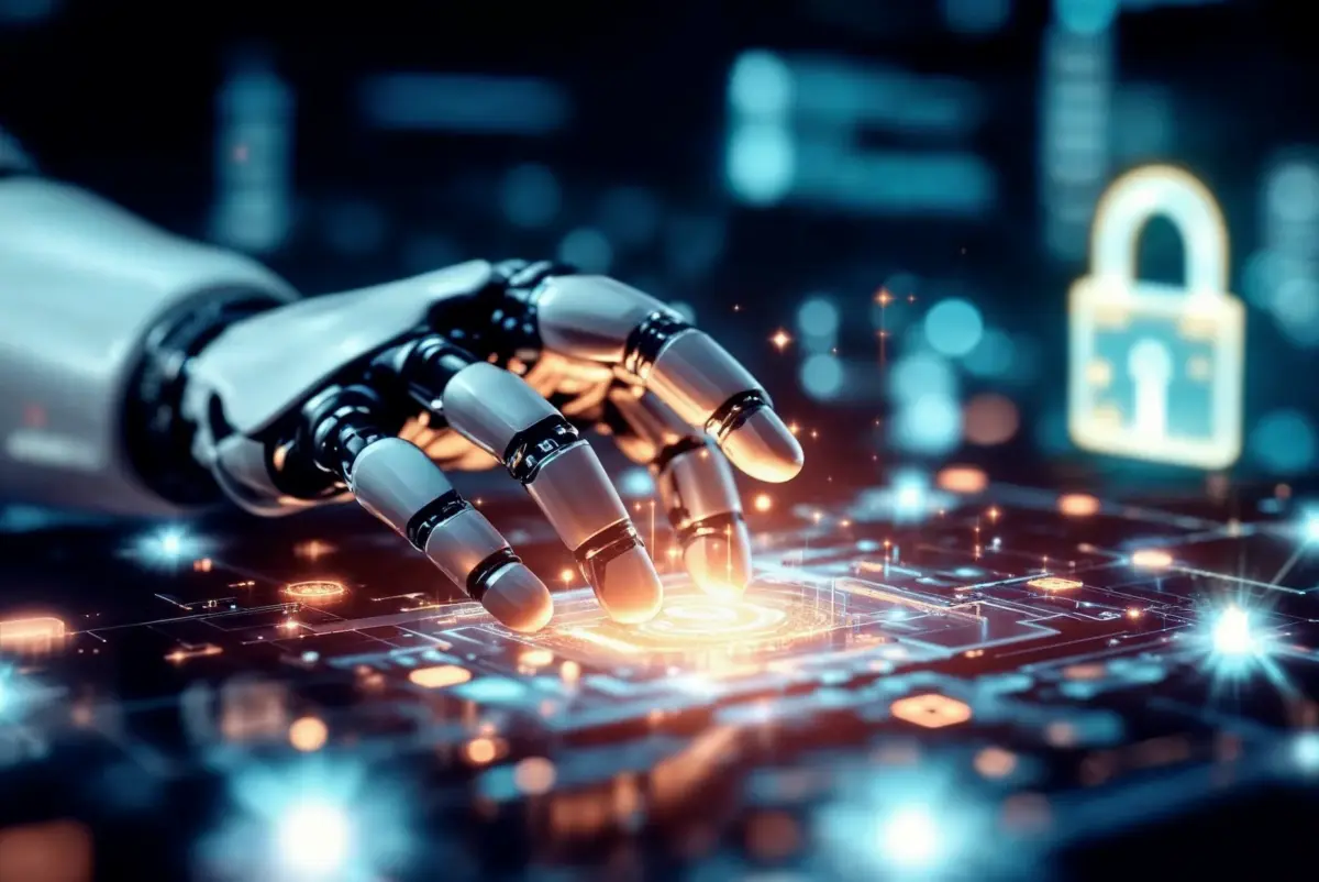 Representación de inteligencia artificial analizando flujos de datos para detectar amenazas en un entorno digital.