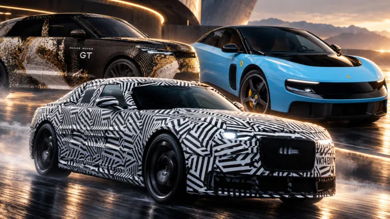 Collage futurista de tres autos eléctricos de lujo y alto desempeño
