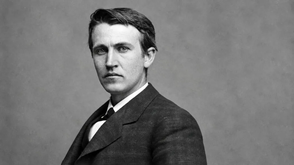 Thomas Edison trabaja en un laboratorio histórico rodeado de lámparas incandescentes, herramientas eléctricas, cables y aparatos experimentales.