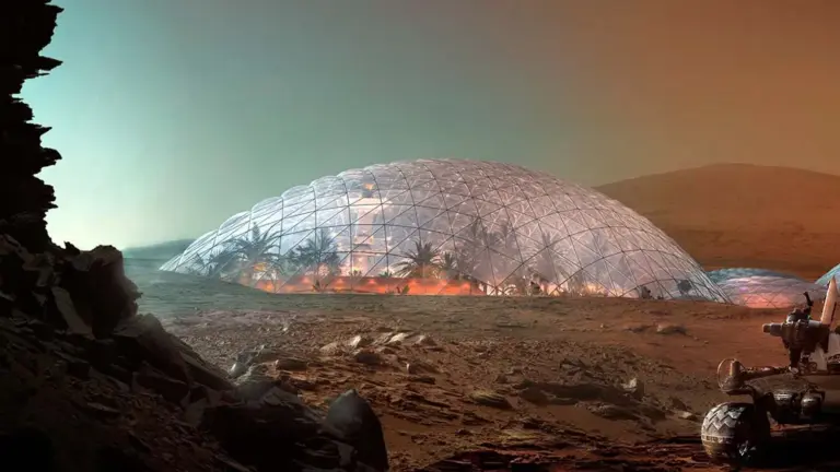 Recreación conceptual de una colonia humana en Marte con viviendas presurizadas y tecnología espacial.