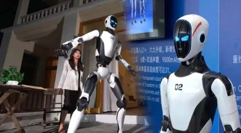 Representación de un robot guardaespaldas de alta tecnología junto a un automóvil, inspirada en el desarrollo presentado en China.