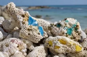 Plasticoral encontrado en Japón, formado por fragmentos de plástico derretido que quedaron integrados en restos de coral.