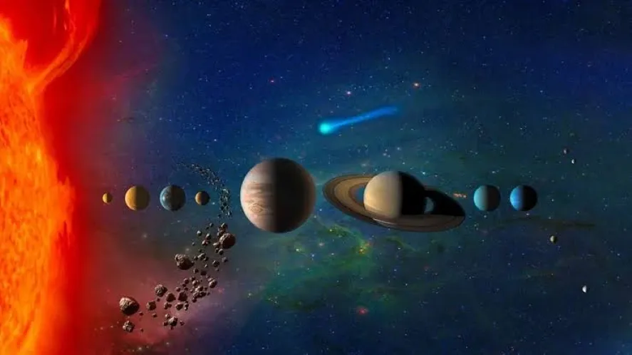 Sistema solar con el Sol y los planetas en el espacio, relacionado con una investigación sobre su estabilidad y futuro.
