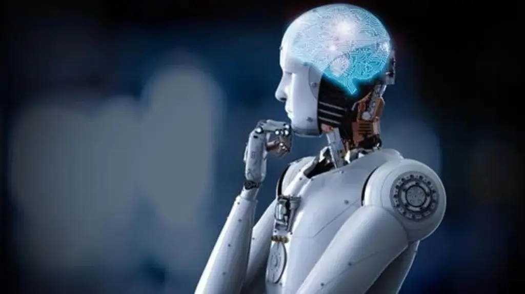 Robot humanoide con inteligencia artificial frente a un humano en un entorno futurista.