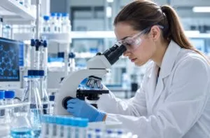 Colaboración entre ciencia y educación mediante investigadores y estudiantes que desarrollan nuevas tecnologías en un laboratorio.