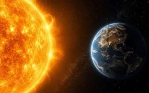 Representación científica de la Tierra frente a un Sol convertido en gigante roja durante las últimas etapas de su evolución.