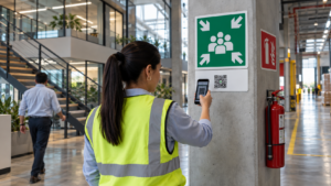 Placas y señalamientos mexicanos con código QR en un espacio laboral