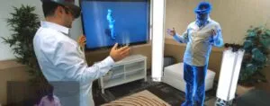 una reunión futurista con representaciones tridimensionales de personas dentro de una oficina minimalista.