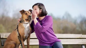 - un perro frente a un dispositivo inteligente que analiza sus sonidos, con una interfaz tecnológica sutil y realista.