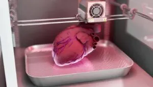 - una impresora biológica trabajando con un tejido humano en un laboratorio futurista.