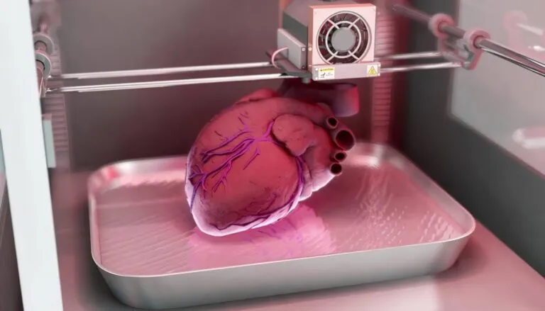 - una impresora biológica trabajando con un tejido humano en un laboratorio futurista.